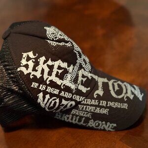 Skeleton Rhinestone Skull Black Mesh Trucker Hat - New Without Tags